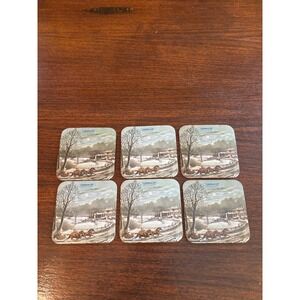 Currier & Ives American Winter Scene Evening Cork Backed Coasters Set of 6 VTG